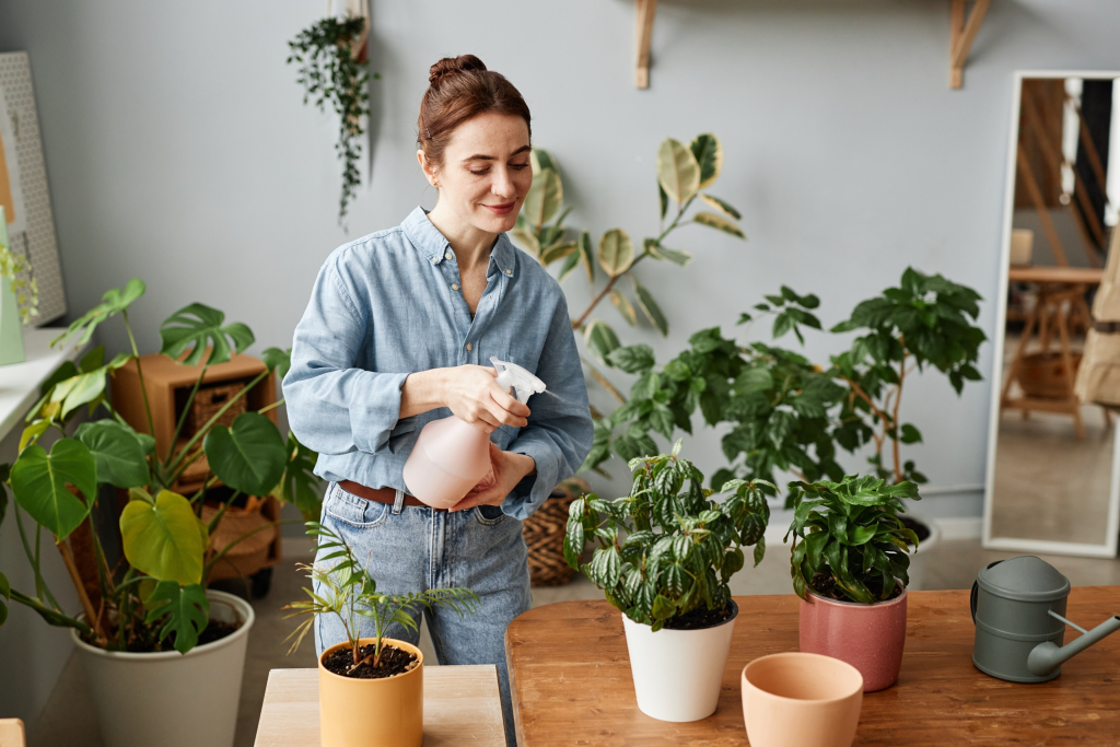 Portrait,Of,Smiling,Young,Woman,Watering,Plants,Indoors,And,Caring Donna innaffia piante in appartamento