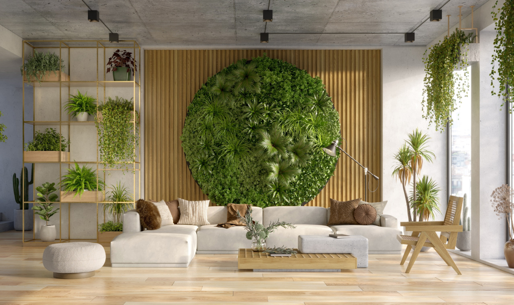 Vertical,Green,Wall,In,A,Living,Room,Interior,,3d,Render parete verde in sala